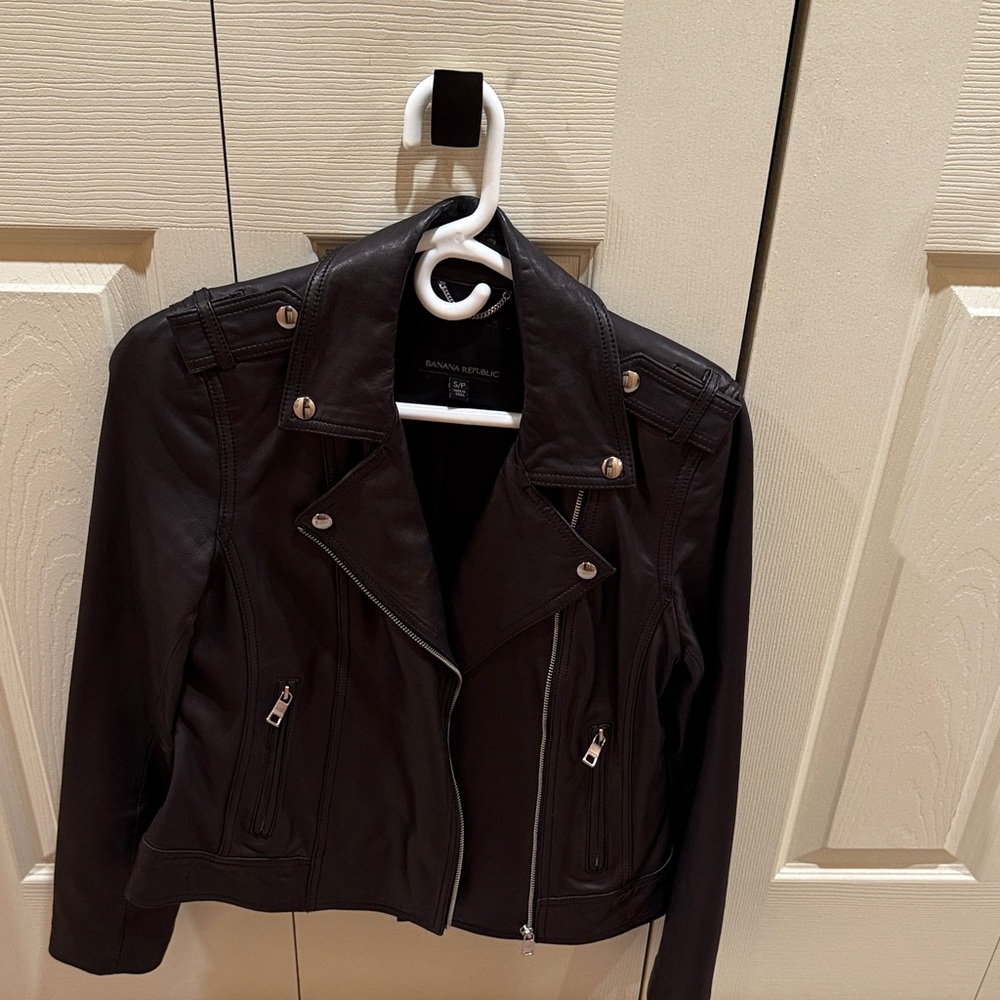 Banana Republic Women's Dark Leather Jacket with Silver Details